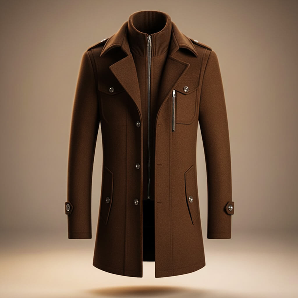 Men's long structured coat with high collar, lapels, buttons and multiple pockets