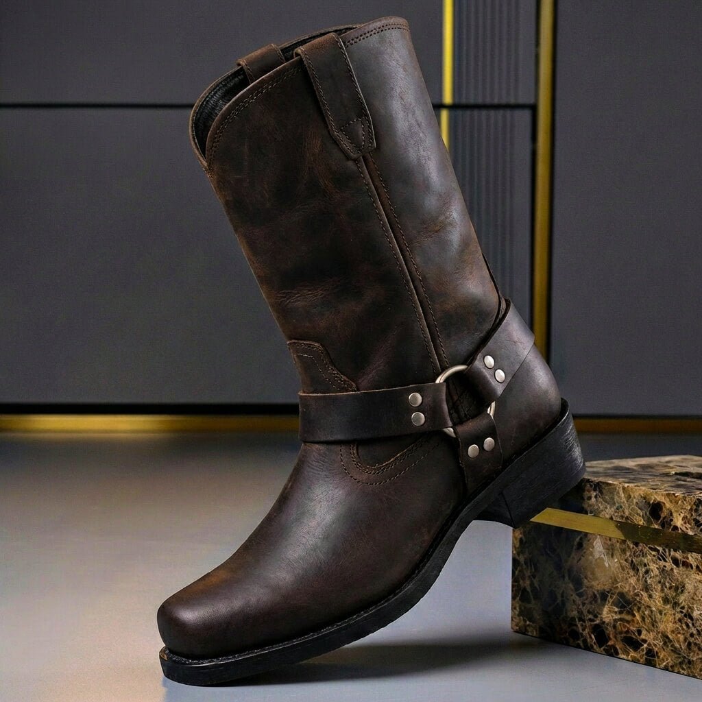 Tall biker boots with harness straps, metal studs and low block heels