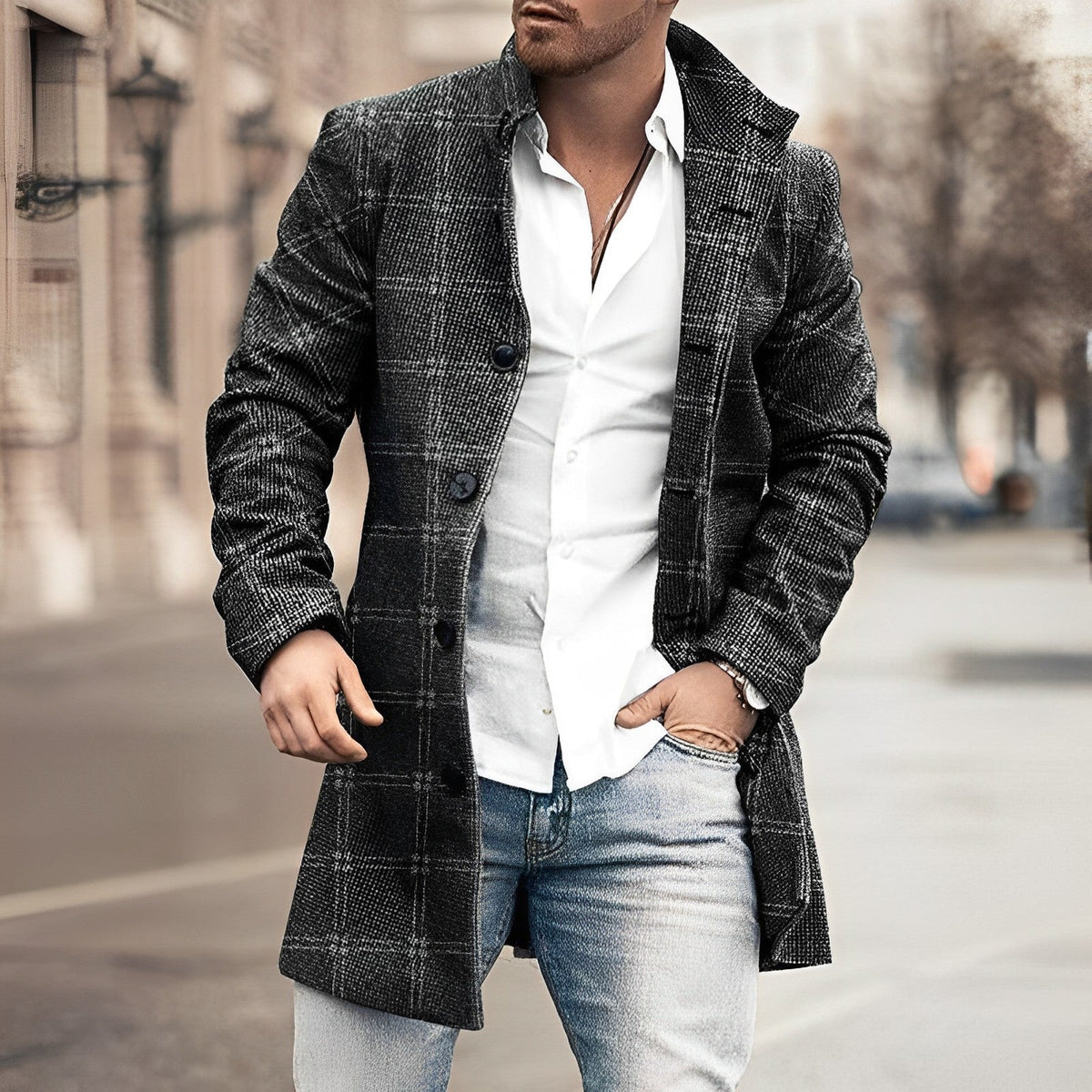 Men's long textured button-front coat with stand collar and flap pockets