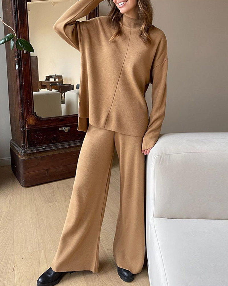 Women's knitted turtleneck top and wide-leg trousers set