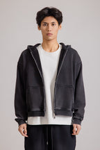 Men's black full-zip hoodie with hood, long sleeves and front pockets