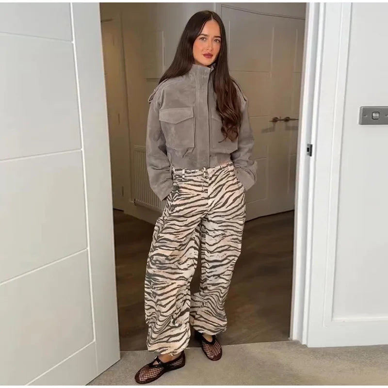 Women's grey cropped bomber jacket with mock neck and flap pockets