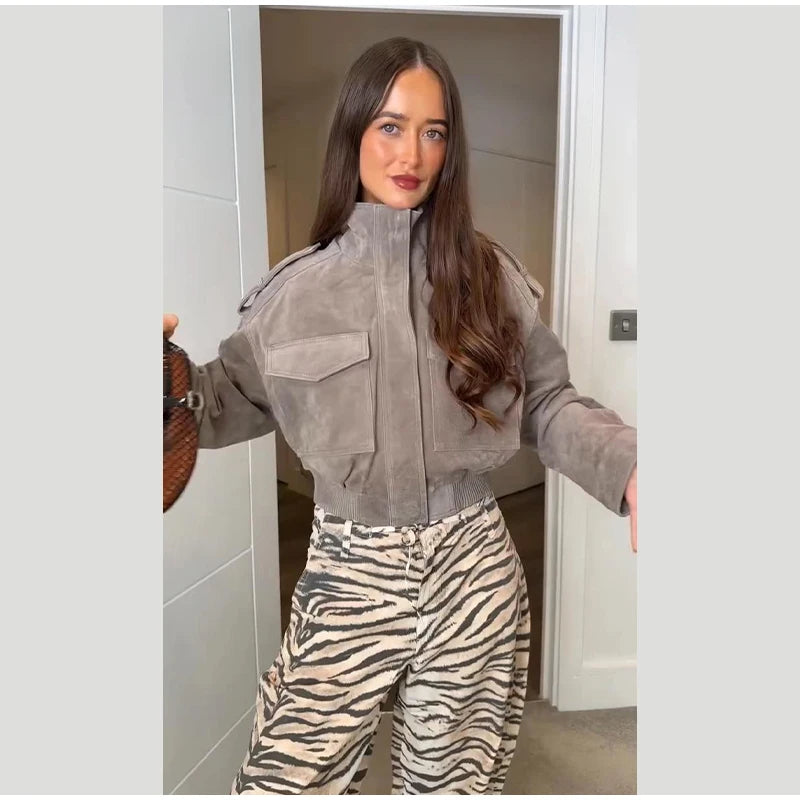 Women's grey cropped bomber jacket with mock neck and flap pockets