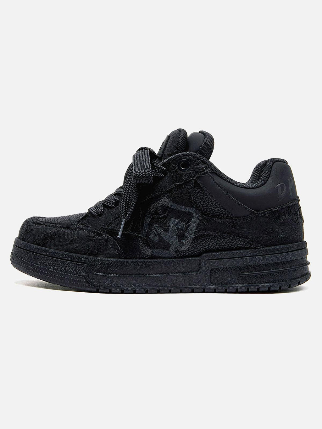 Black high-top skate sneakers with tonal camouflage side panels and lace-up fronts