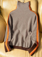 Women's geometric high-neck jumper with contrast sleeve trim