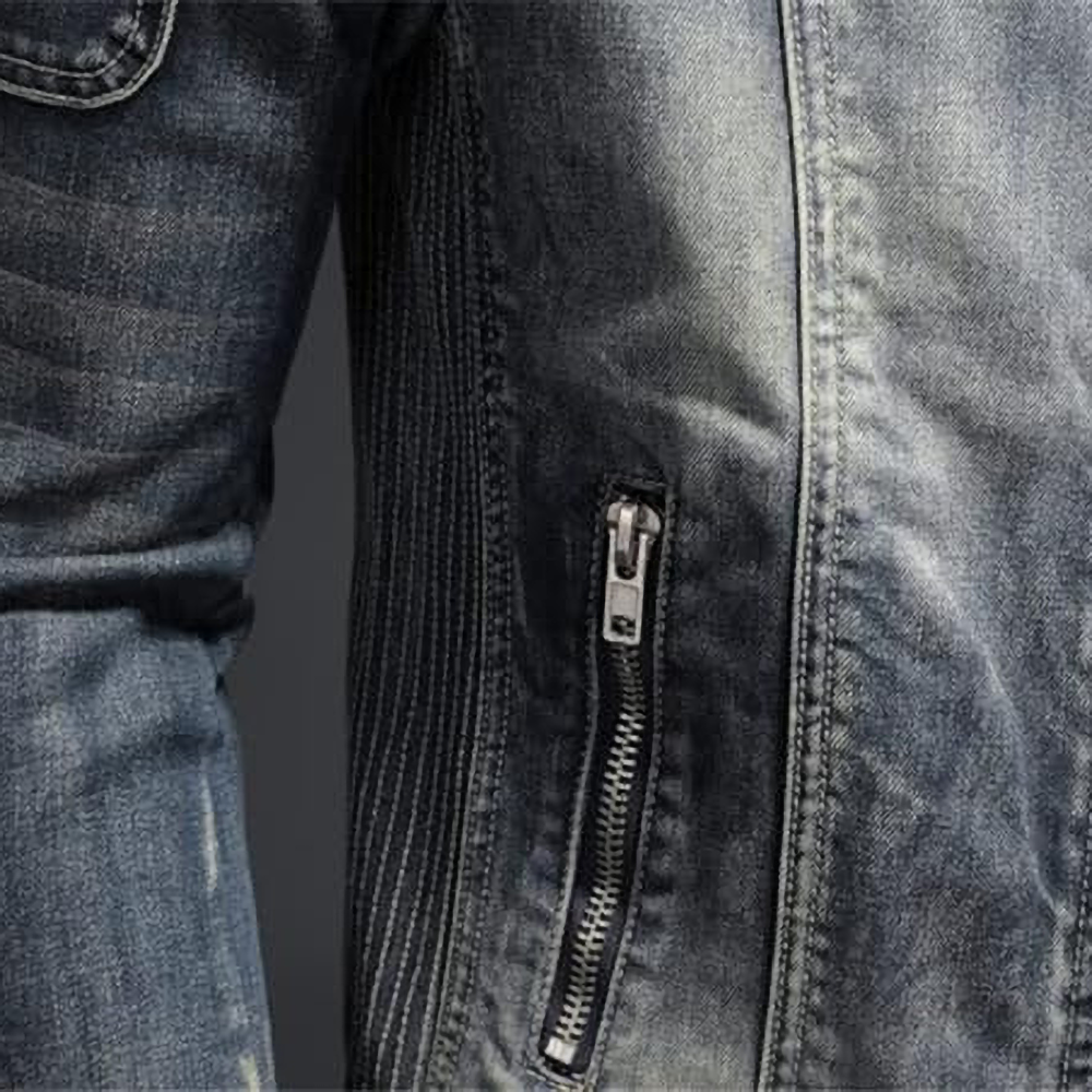 Men's blue denim jacket with mandarin collar, long sleeves and multiple zipped pockets