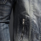 Men's blue denim jacket with mandarin collar, long sleeves and multiple zipped pockets