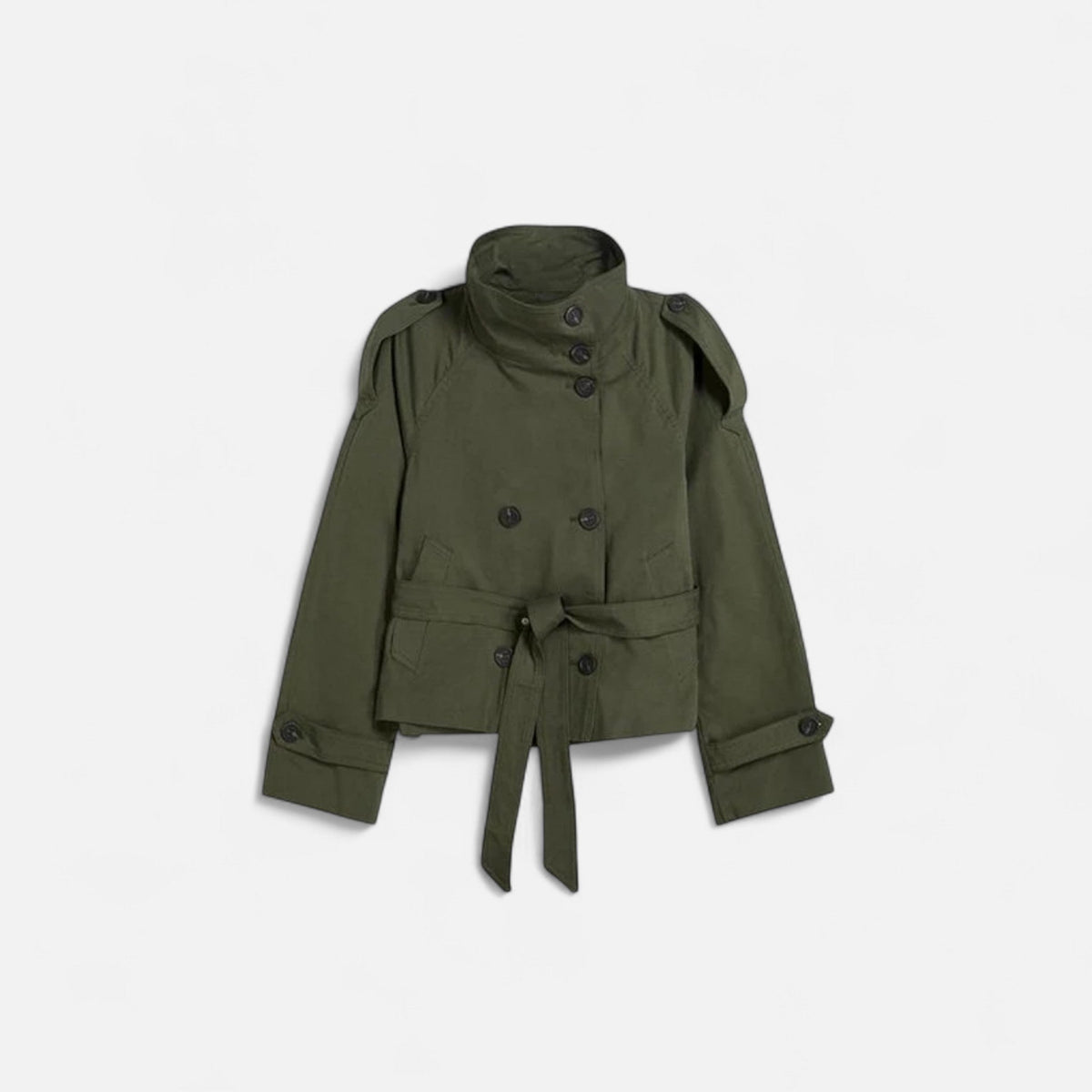 Women's short belted trench jacket with high collar and long sleeves