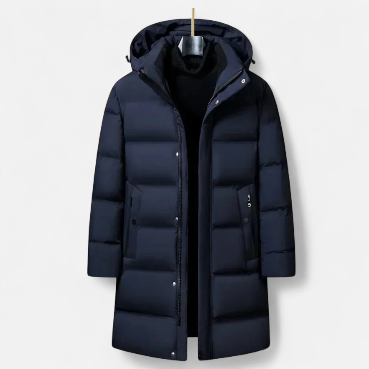 Men's hooded longline padded parka jacket with zip front and lower pockets