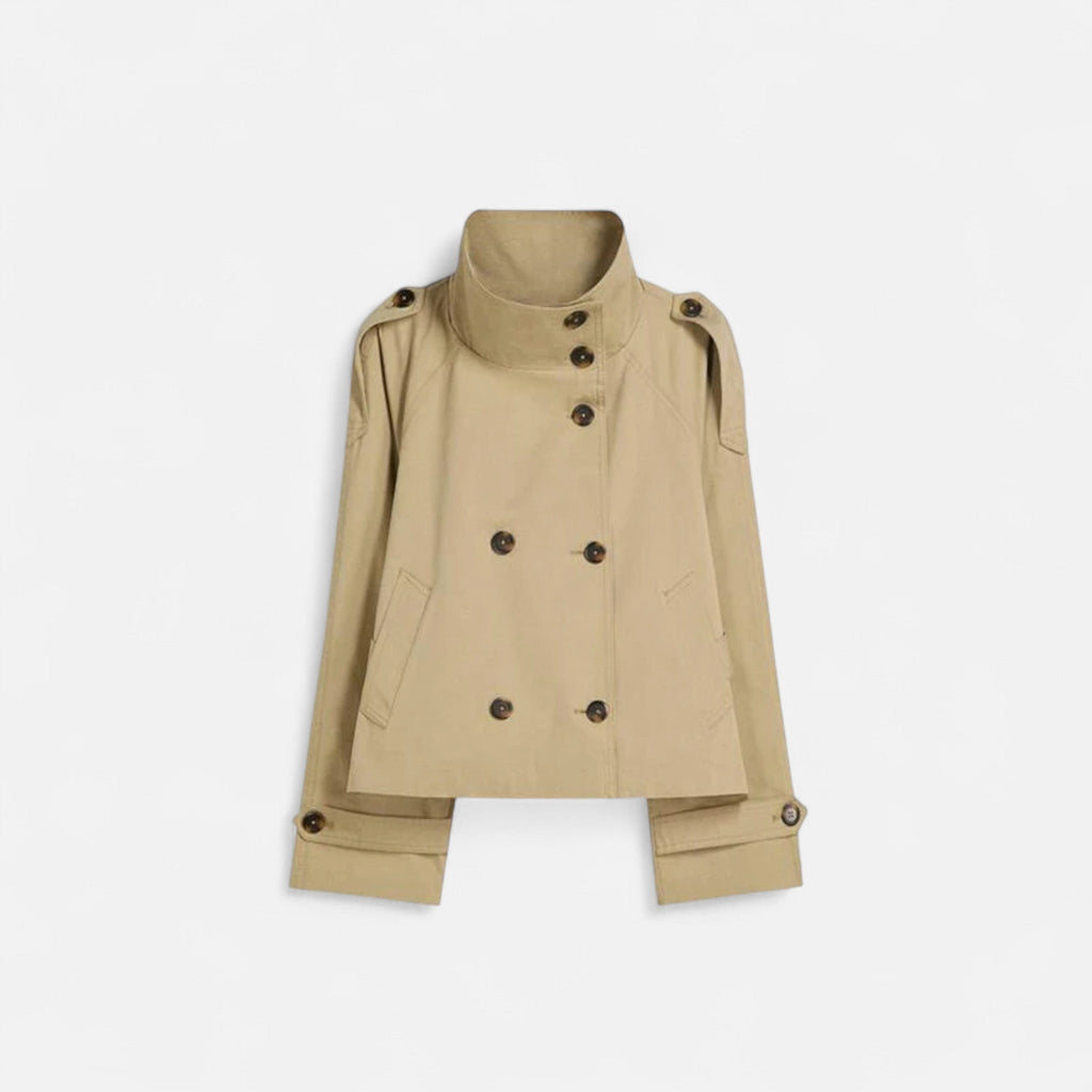 Women's short belted trench jacket with high collar and long sleeves