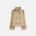 Women's short belted trench jacket with high collar and long sleeves