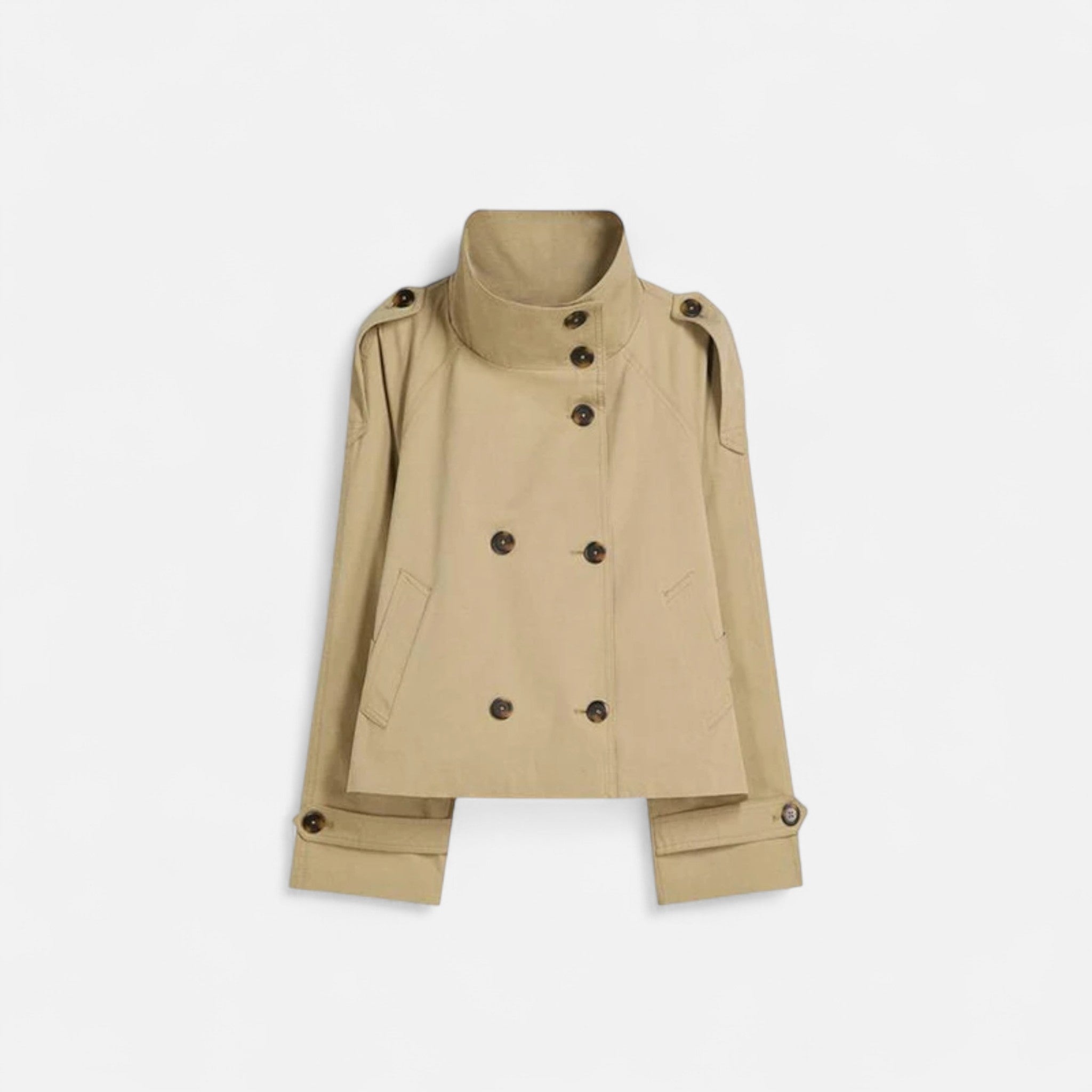 Women's short belted trench jacket with high collar and long sleeves