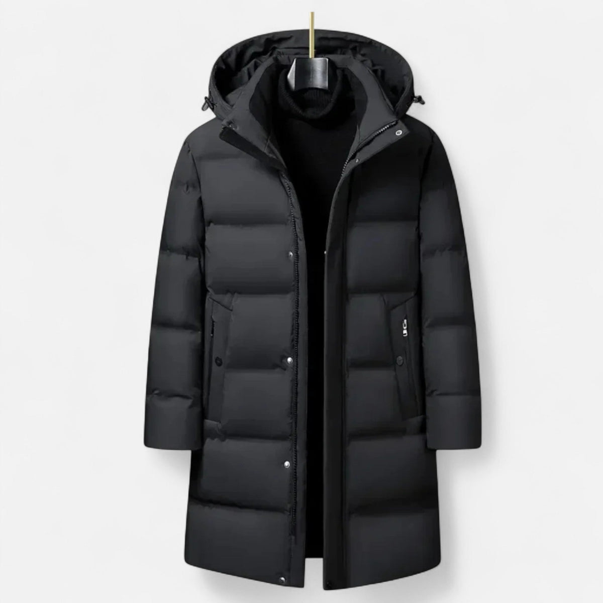 Men's hooded longline padded parka jacket with zip front and lower pockets