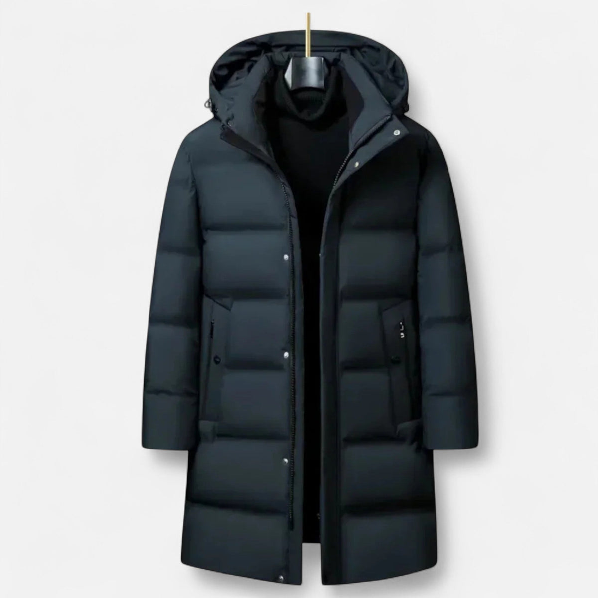 Men's hooded longline padded parka jacket with zip front and lower pockets