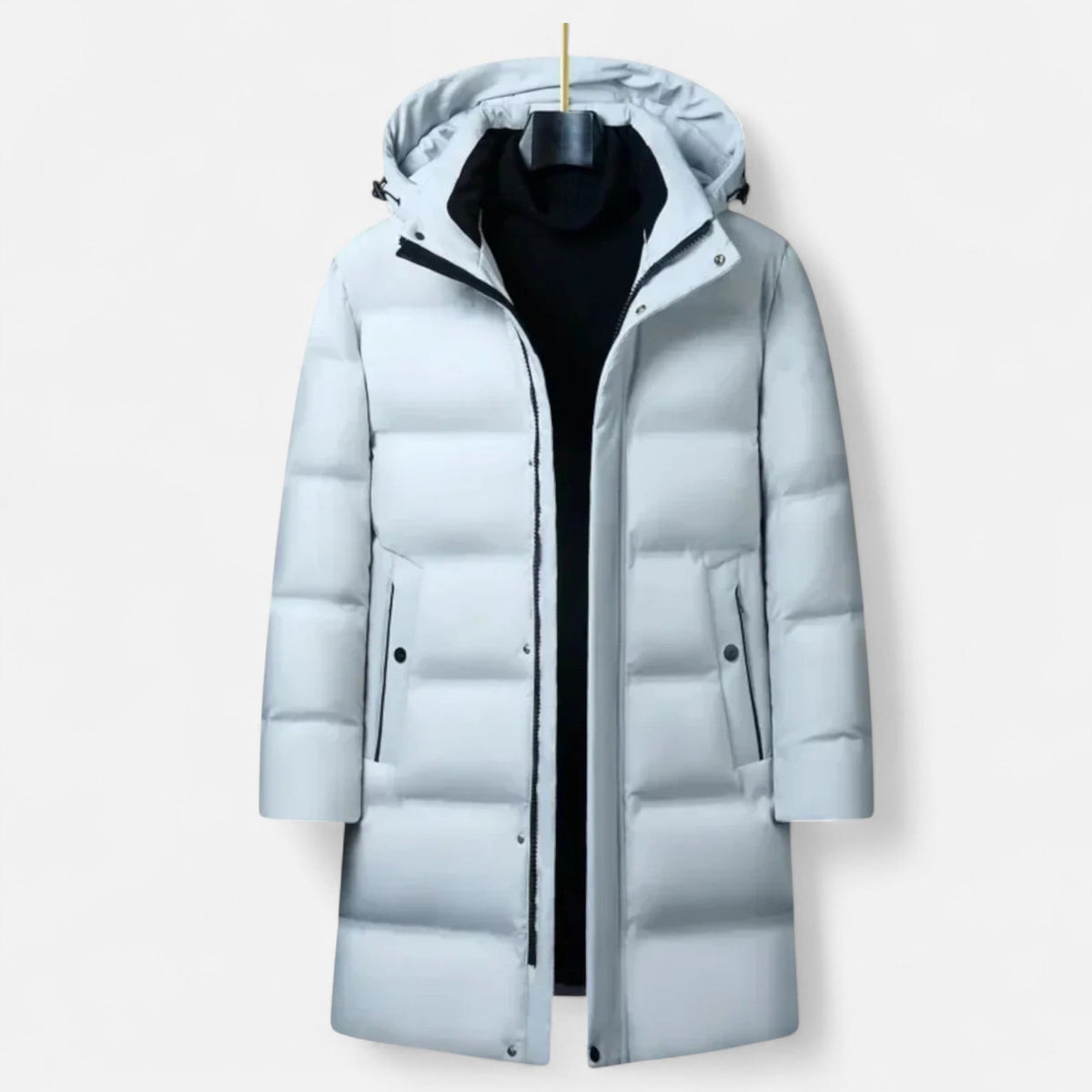 Men's hooded longline padded parka jacket with zip front and lower pockets