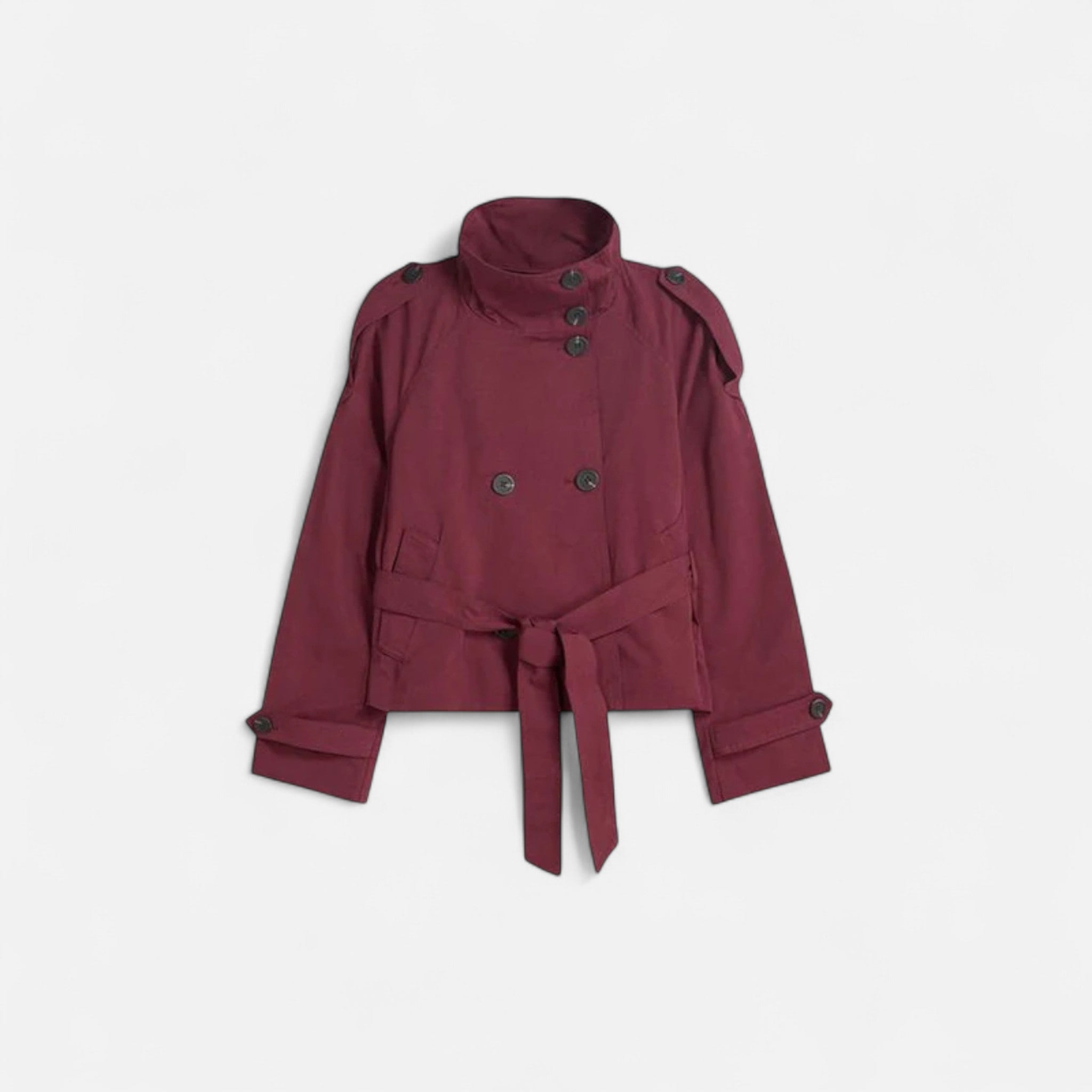 Women's short belted trench jacket with high collar and long sleeves