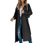 Women's long double-breasted trench coat with notched lapels and long sleeves