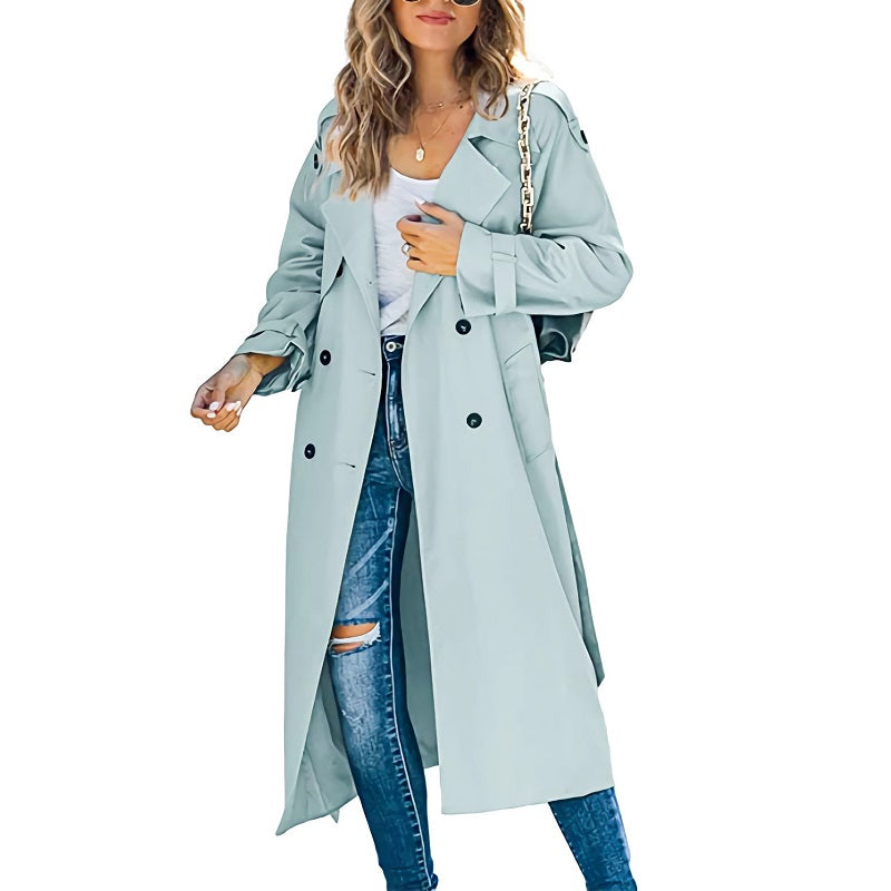 Women's long double-breasted trench coat with notched lapels and long sleeves