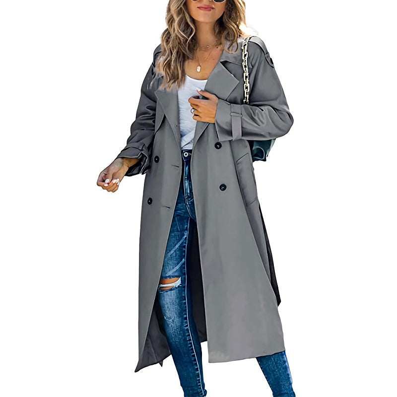Women's long double-breasted trench coat with notched lapels and long sleeves