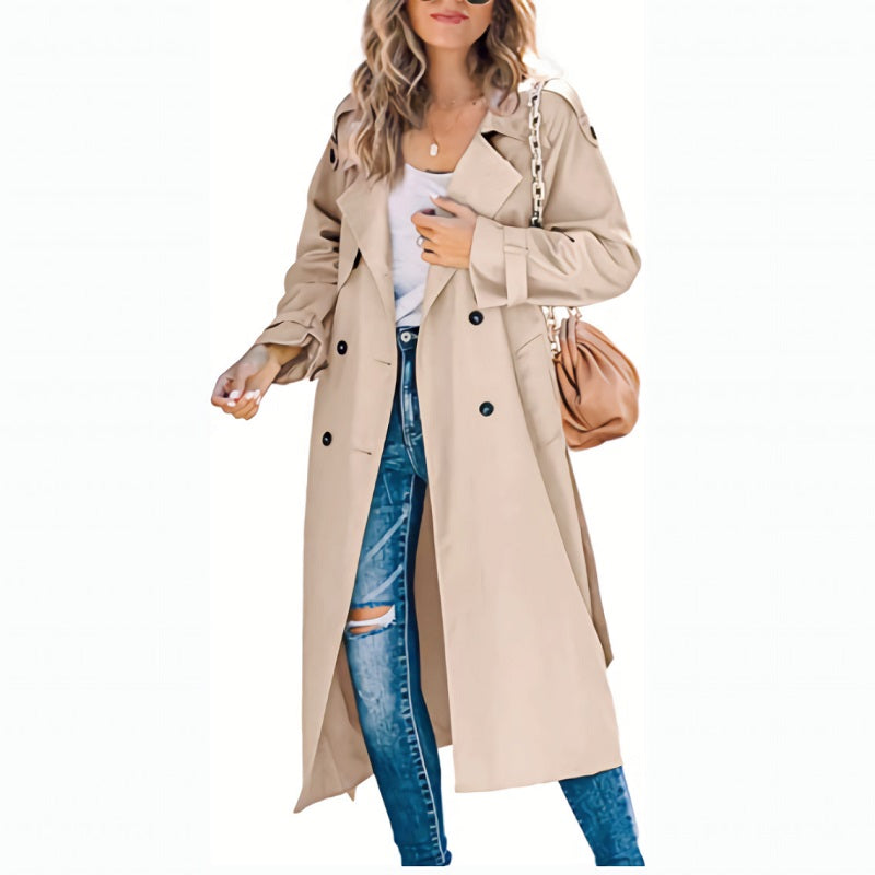 Women's long double-breasted trench coat with notched lapels and long sleeves