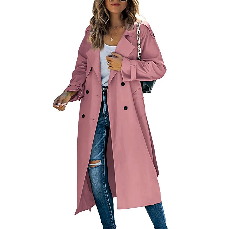 Women's long double-breasted trench coat with notched lapels and long sleeves