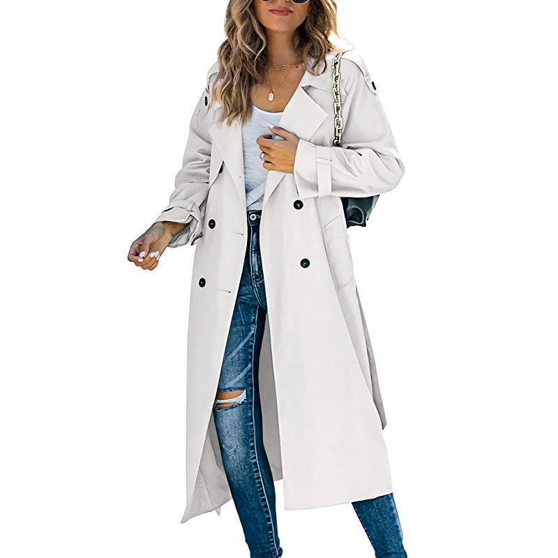 Women's long double-breasted trench coat with notched lapels and long sleeves