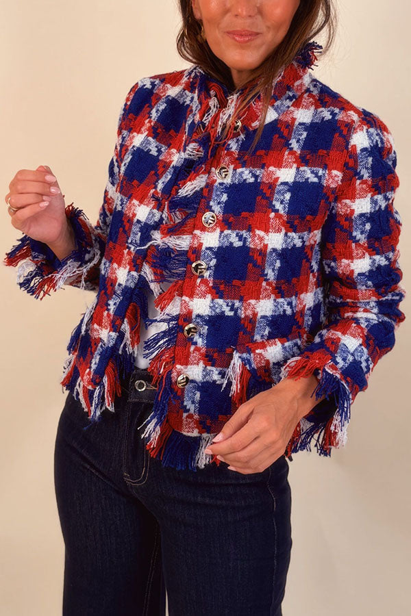 Women's blue checked jacket with fringed trim, long sleeves and button front