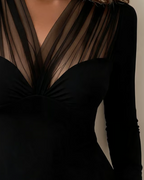 Women's long-sleeve V-neck blouse with sheer front panels and gathered bust detail