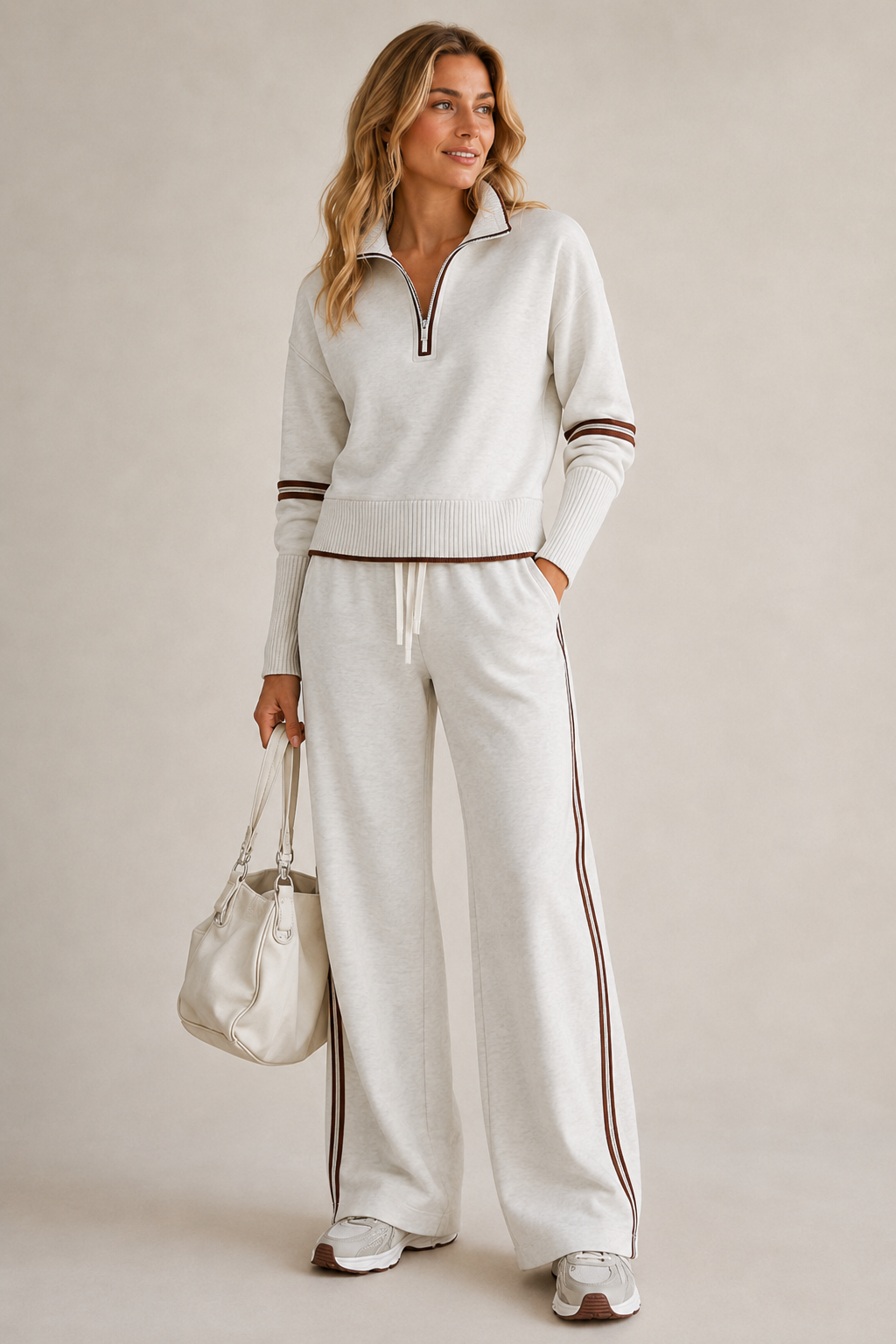 Women's zip sweater and wide-leg trousers set with striped trim