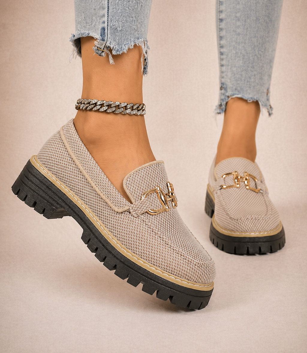 Women's beige mesh loafers with gold-tone horsebit trim and chunky black soles