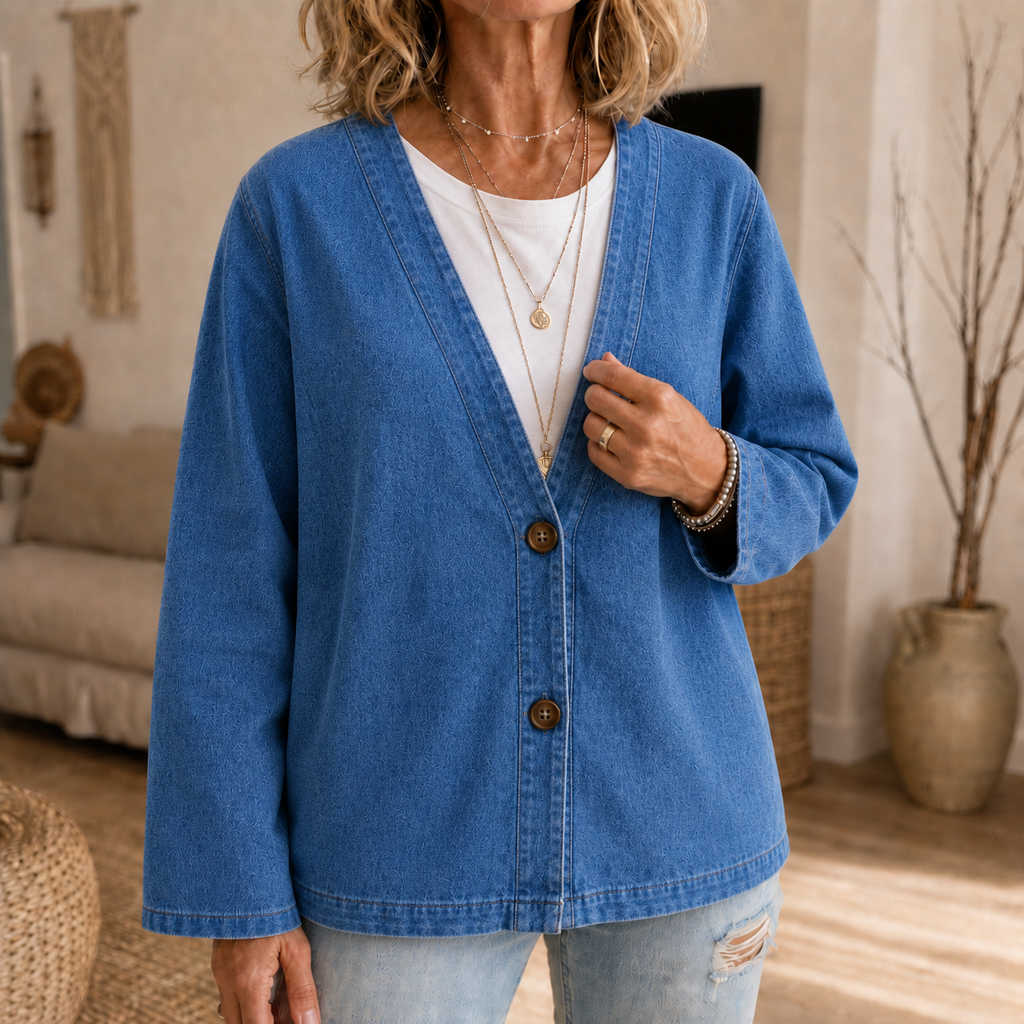 Women's collarless button-down cardigan with long sleeves and front pockets