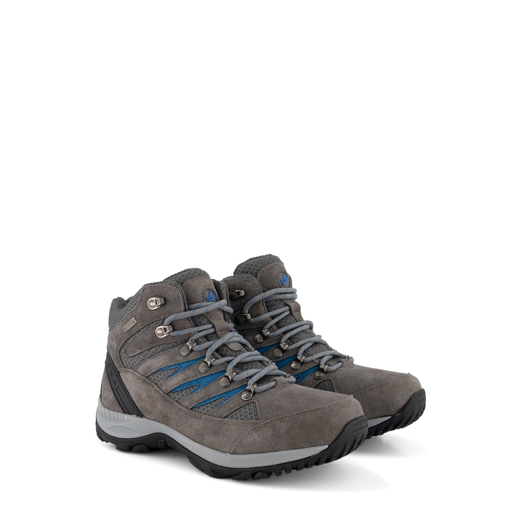 Grey lace-up hiking boots with blue details and textured soles