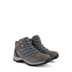 Grey lace-up hiking boots with blue details and textured soles