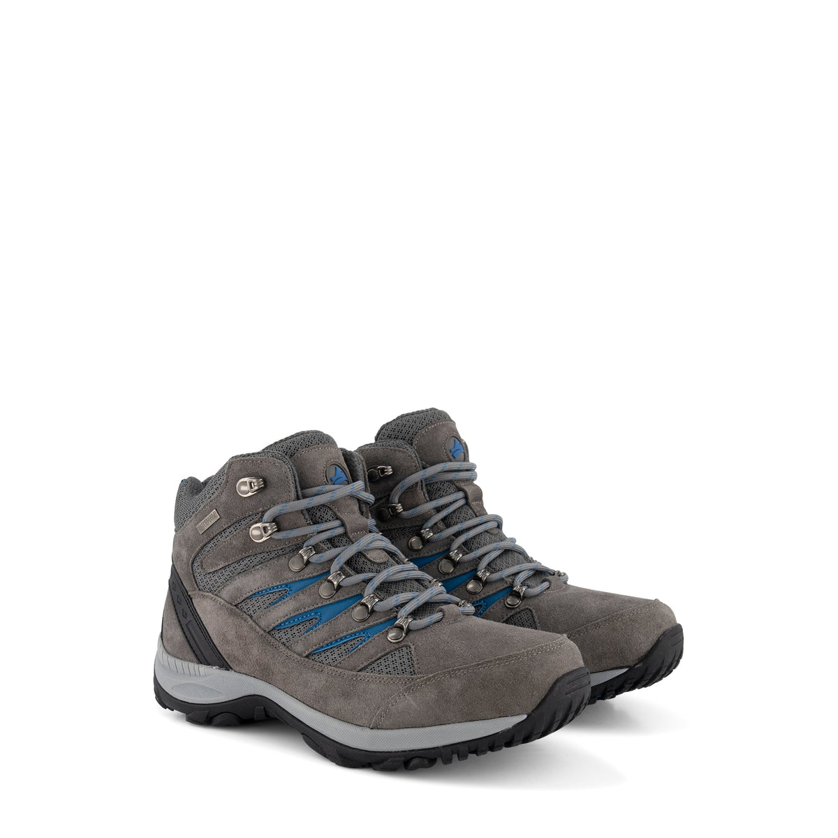 Grey lace-up hiking boots with blue details and textured soles