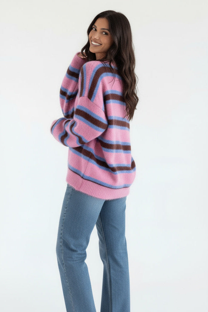 Women's pink striped knit jumper with crew neck and long sleeves