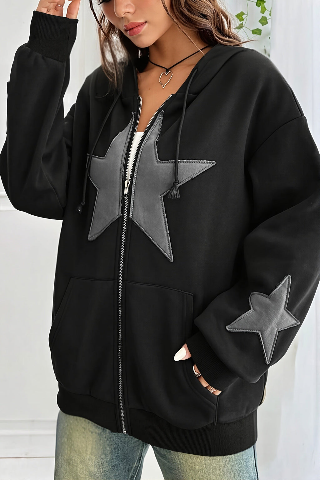 Women's oversized zip hoodie with hood and contrast star appliques