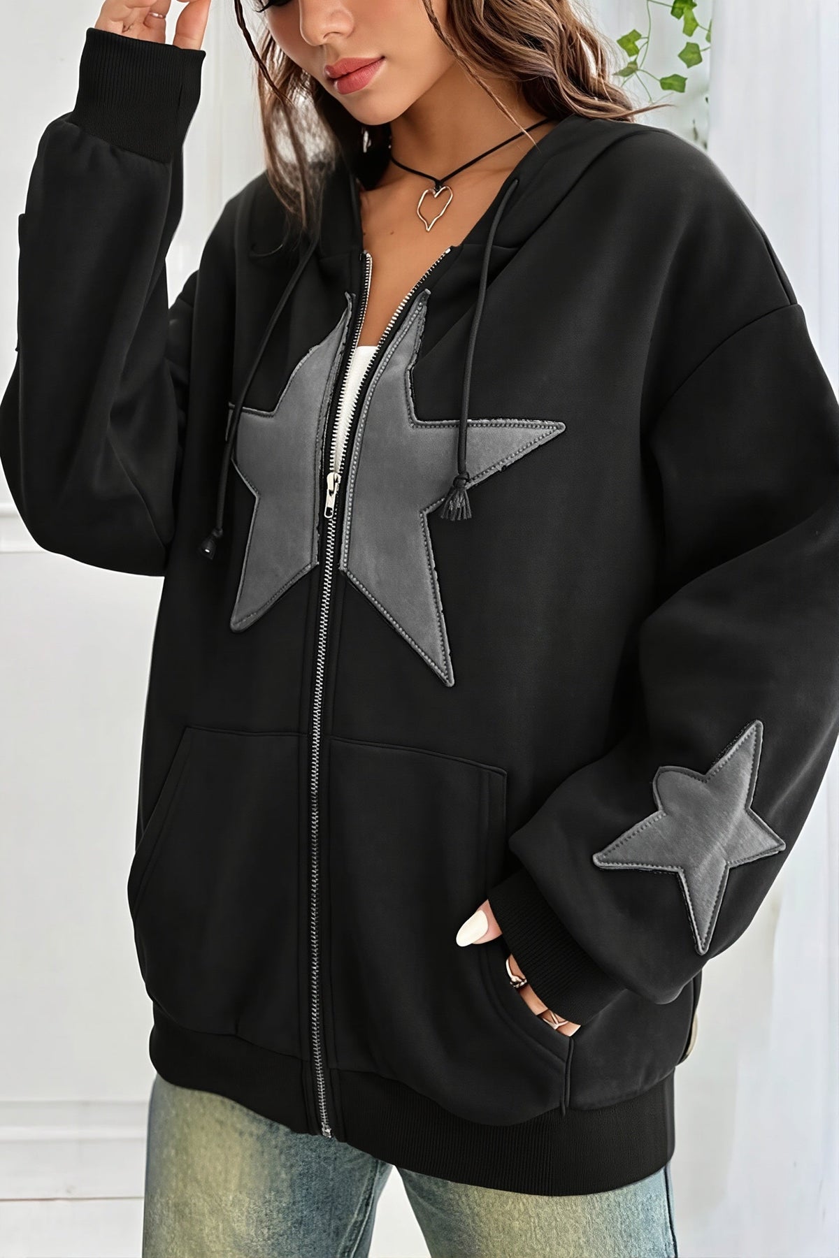 Women's oversized zip hoodie with hood and contrast star appliques