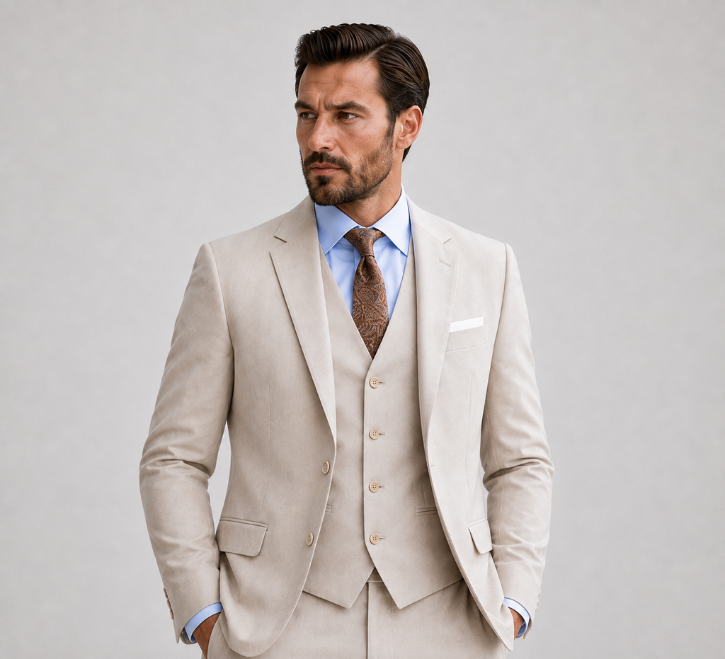 Men's three-piece suit with notched-lapel jacket, buttoned waistcoat and matching trousers
