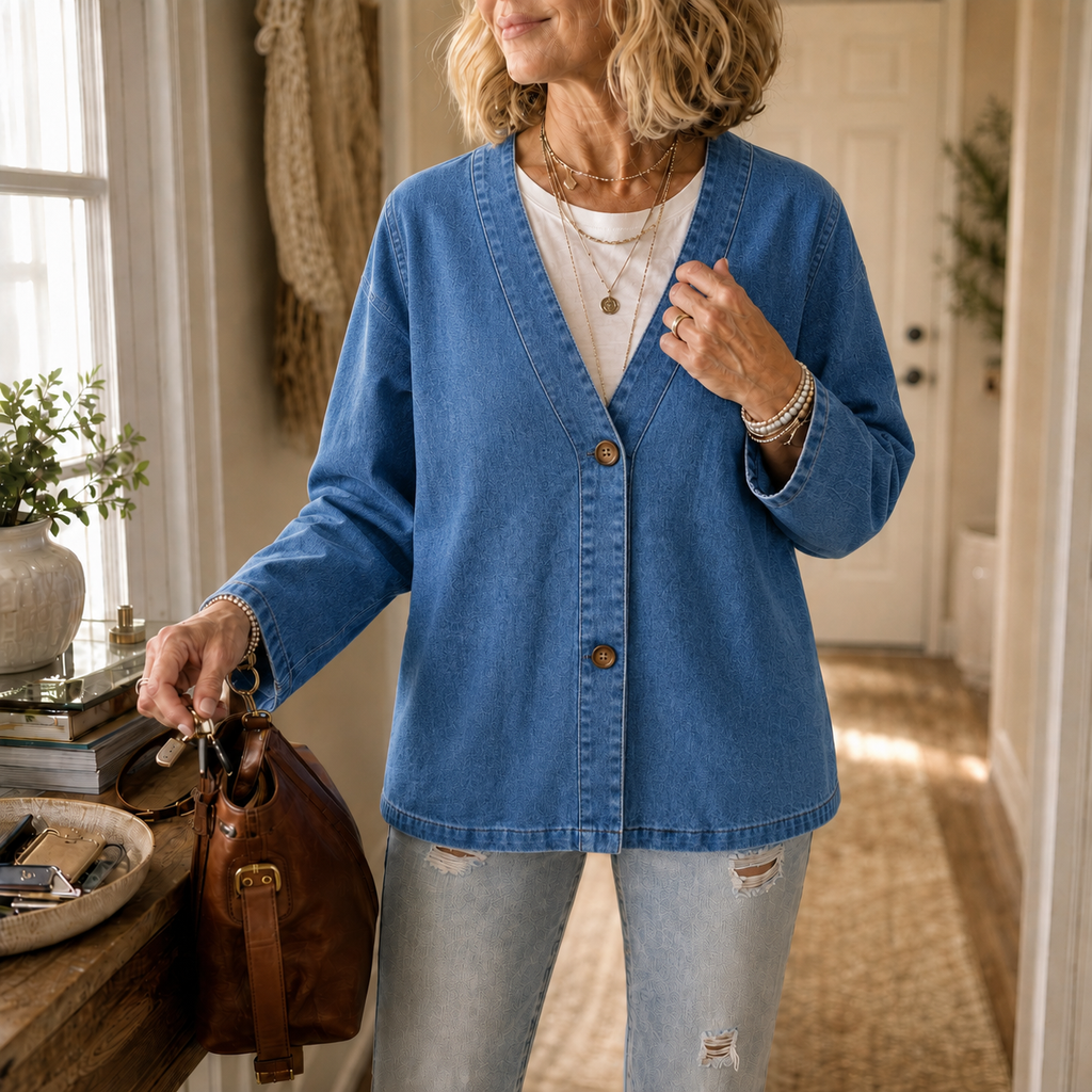Women's collarless button-down cardigan with long sleeves and front pockets