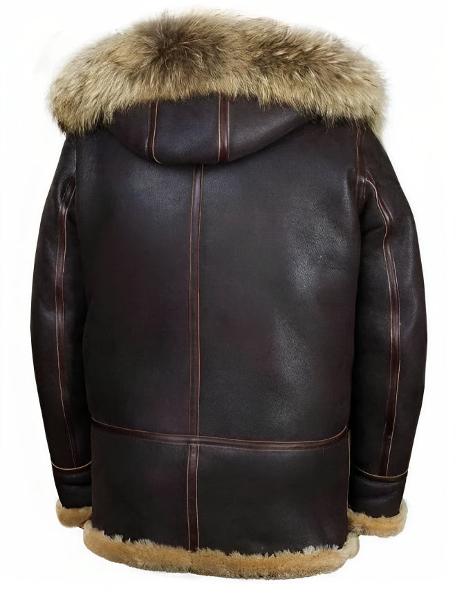 Men's brown hooded jacket with tan lining, buckle fastenings and front pockets