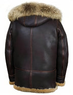 Men's brown hooded jacket with tan lining, buckle fastenings and front pockets