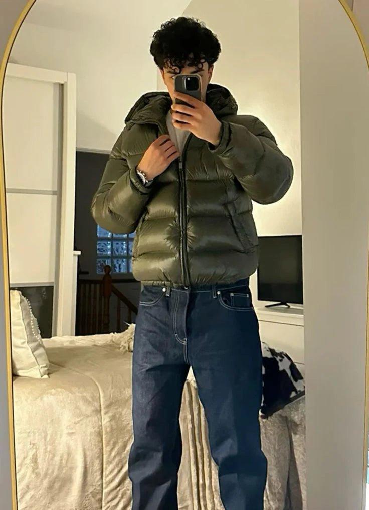 Men's hooded quilted puffer jacket with zip front and angled pockets