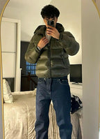 Men's hooded quilted puffer jacket with zip front and angled pockets