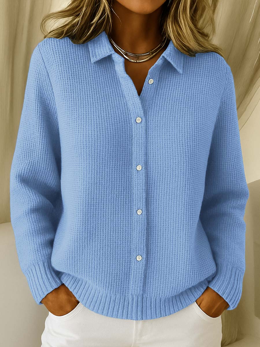 Women's ribbed button cardigan with shirt collar and long sleeves