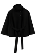 Women's belted cape coat with high collar, buttons and draped sleeves