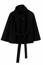Women's belted cape coat with high collar, buttons and draped sleeves