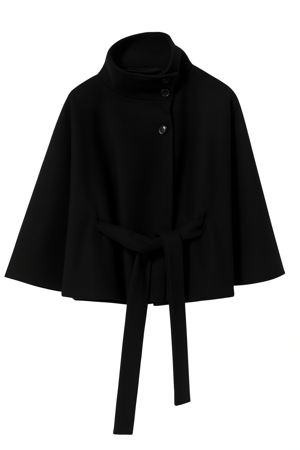 Women's belted cape coat with high collar, buttons and draped sleeves