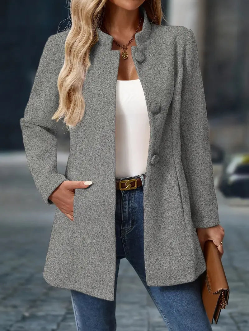 Women's slim-fit long coat with mandarin collar, covered buttons and front pockets