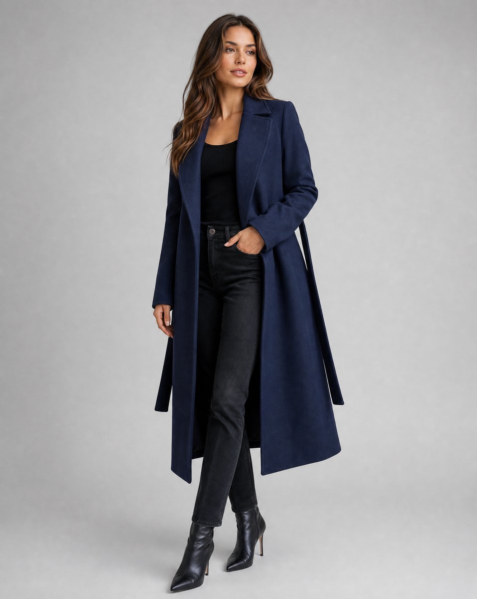 Women's navy longline trench coat with lapels, long sleeves, side pockets and tie belt