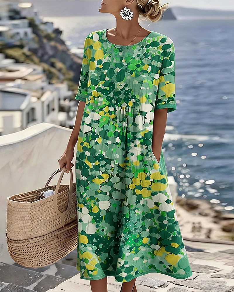 Women's abstract floral midi dress with round neck and short sleeves